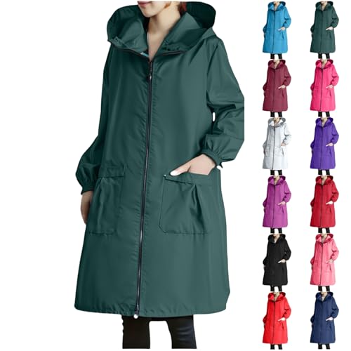Generisch Regenjacke Damen Wasserdicht Atmungsaktiv, Übergangsjacke Damen Lang, Große Größen Softshelljacke, Regenmantel Mit Kapuze, Wandern Regenjacken, Einfarbig Warm Trenchcoat, Windbreaker von Generisch