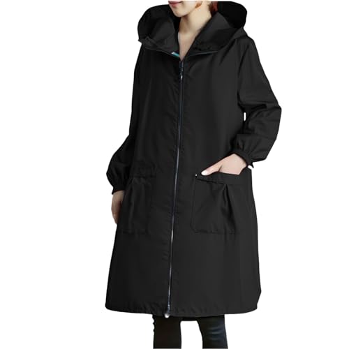 Generisch Regenjacke Damen Wasserdicht Atmungsaktiv, Übergangsjacke Damen Lang, Große Größen Softshelljacke, Regenmantel Mit Kapuze, Wandern Regenjacken, Einfarbig Warm Trenchcoat, Windbreaker von Generisch