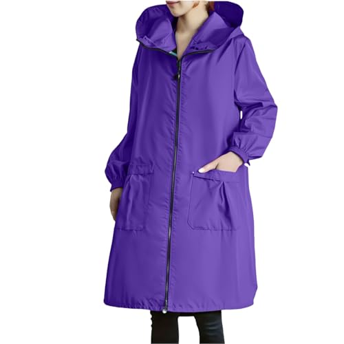 Generisch Regenjacke Damen Wasserdicht Atmungsaktiv, Übergangsjacke Damen Lang, Große Größen Softshelljacke, Regenmantel Mit Kapuze, Wandern Regenjacken, Einfarbig Warm Trenchcoat, Windbreaker von Generisch