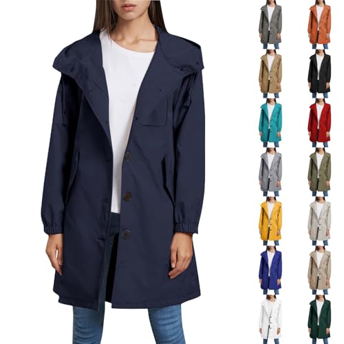 Generisch Regenjacke Damen Wasserdicht Atmungsaktiv Übergangsmantel Comfort Fit Kaputzensweatjacke mit Praktischen Taschen Storm Jacket Übergangsjacke Button Down Regenmantel Einfarbig Outdoorjacke von Generisch