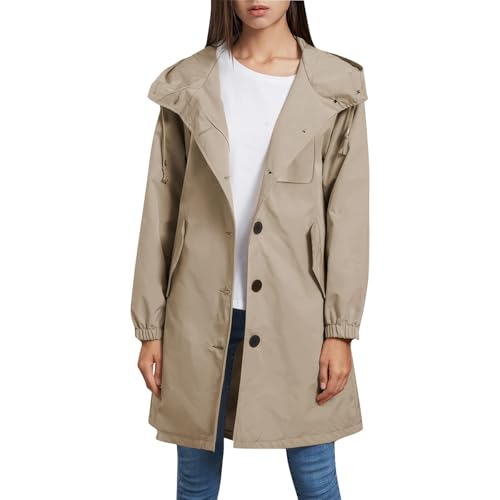 Generisch Regenjacke Damen Wasserdicht Atmungsaktiv Übergangsmantel Comfort Fit Kaputzensweatjacke mit Praktischen Taschen Storm Jacket Übergangsjacke Button Down Regenmantel Einfarbig Outdoorjacke von Generisch