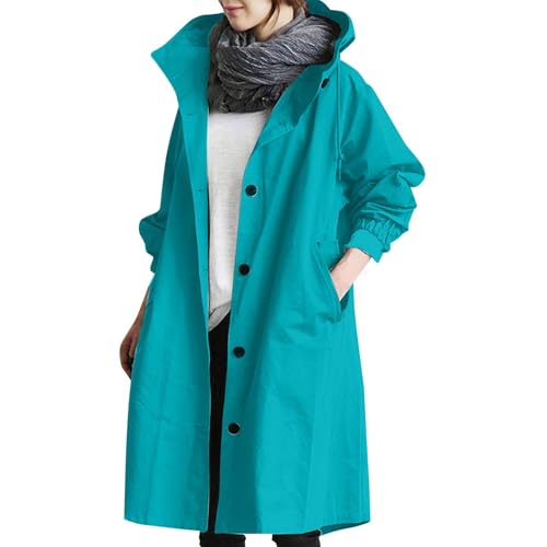 Generisch Regenjacke Damen Wasserdicht Atmungsaktiv Windbreaker Große Größen Regenmantel Lang Leicht Herbst Jacke Übergangsjacke Outdoor-Softshelljacke mit Kapuze Funktionsjacke Cyan 3XL von Generisch