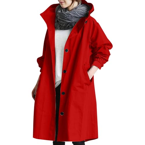 Generisch Regenjacke Damen Wasserdicht Atmungsaktiv Windbreaker Große Größen Regenmantel Lang Leicht Herbst Jacke Übergangsjacke Outdoor-Softshelljacke mit Kapuze Funktionsjacke Rot XXL von Generisch