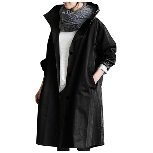 Generisch Regenjacke Damen Wasserdicht Atmungsaktiv Windbreaker Große Größen Regenmantel Lang Leicht Herbst Jacke Übergangsjacke Outdoor-Softshelljacke mit Kapuze Funktionsjacke Schwarz XL von Generisch