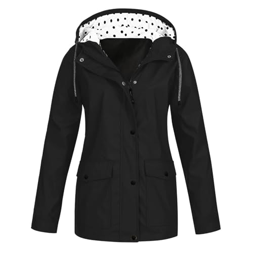 Generisch Regenjacke Damen Wasserdicht Einfarbig Mit Gefütterte Kapuze Lang Regenmantel Windbreaker Leicht Atmungsaktiv Regenparka Grosse Groessen Damenjacke Übergangsjacke Schwarz XL von Generisch