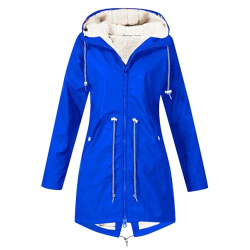 Generisch Regenjacke Damen Wasserdicht Lang Übergangsjacke Warm Plüsch Gefütterte Windbreaker Doppelter Zip Windjacke mit Kapuze Taschen Hochkragen Winterjacke Treking Fahrrad Outdoorjacke von Generisch