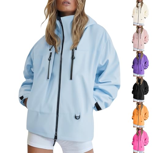 Generisch Regenjacke Damen Wasserdicht Leicht Regenmantel Faltbar Windbreaker Dünne Packbar Reisen Fahrrad Regenjacken Einfarbig Windjacke Funktionsjacke von Generisch