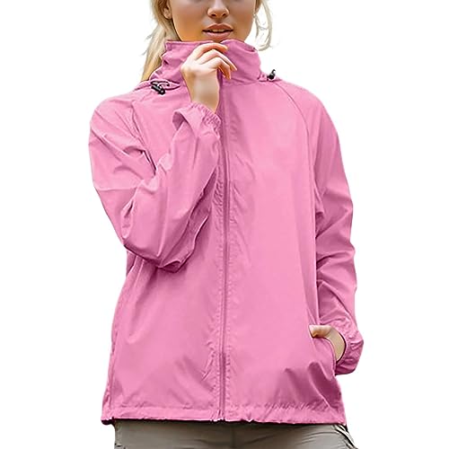 Generisch Regenjacke Damen Wasserdicht Outdoorjacke Atmungsaktiv Herbst Übergangsjacke Leichte Jacke mit Kapuze Windbreaker zum Wandern Reisen Treking Fahrrad von Generisch
