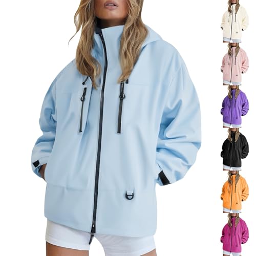 Generisch Regenjacke Damen Wasserdicht Outdoorjacke Atmungsaktiv Herbst Übergangsjacke Leichte Jacke mit Kapuze Windbreaker zum Wandern Reisen Treking Klimaschonende Wanderjacke Regenjacke Radjacke von Generisch
