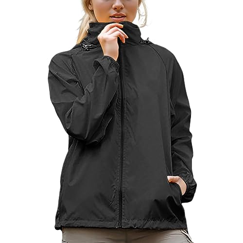 Generisch Regenjacke Damen schwarz dünn, Regenjacke Damen Wasserdicht Sonnenschutz Schwarz Fahrrad Windjacke Regenmantel Dünne Ultraleicht Laufjacke Softshelljacke Outdoor Faltbar Kuscheljacke von Generisch