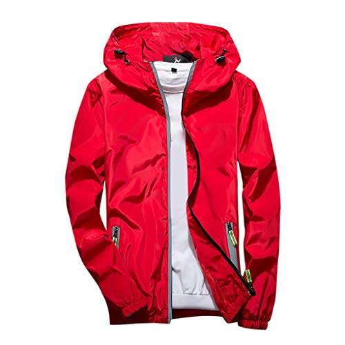 Generisch Regenjacke Herren Wasserdicht Atmungsaktiv Dünne Leichte Jacke Windbreaker Kapuze Regenjacke Reflektierender Reißverschluss + normale Passform (Rot, 6XL) von Generisch