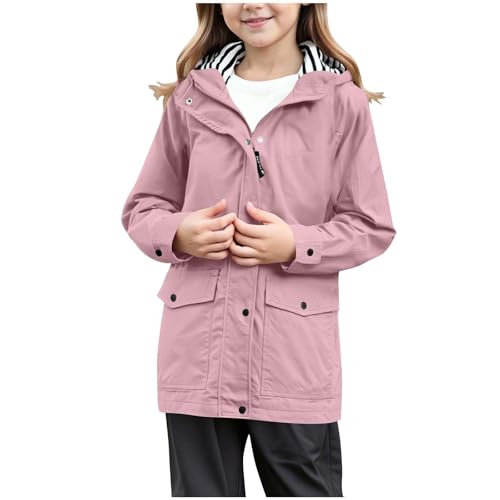 Generisch Regenjacke Mädchen Wasserdicht Winddicht Atmungsaktiv Softshelljacke mit Kapuze Leichte Übergangsjacke Reißverschluss Windbreaker Preppy Regenmantel Trenchcoat Outdoor Funktionsjacke von Generisch