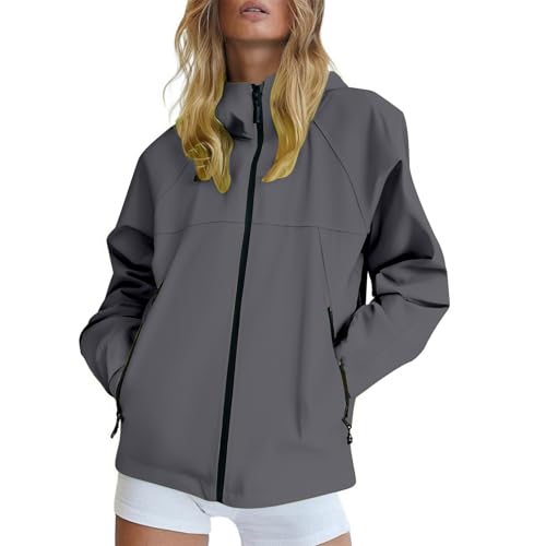 Generisch Regenjacke für Damen Leicht Softshelljacke Sommerjacke Atmungsaktiv Fahrradjacke übergangsjacke Wasserdicht Atmungsaktiv Softshelljacke Einfarbig Regenmantel Funktionsjacke mit Kapuze von Generisch