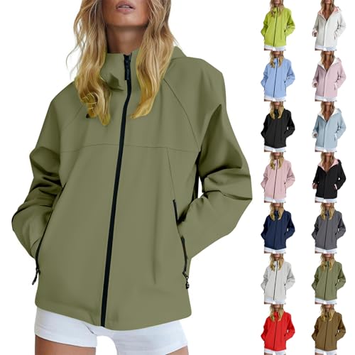 Generisch Regenjacke für Damen Leicht Softshelljacke Sommerjacke Atmungsaktiv Fahrradjacke übergangsjacke Wasserdicht Atmungsaktiv Softshelljacke Einfarbig Regenmantel Funktionsjacke mit Kapuze von Generisch
