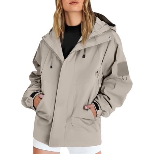 Generisch Regenjacke für Damen Leicht Softshelljacke Wasserdicht Winddicht Outdoorjacke Atmungsaktiv Parka Übergangsjacke mit Kapuze Wandern Einfarbig Regenmantel Funktionsjacke von Generisch