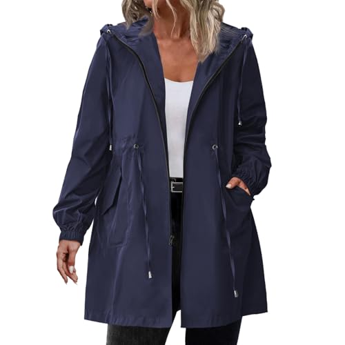 Generisch Regenmantel Damen Lang, Windbreaker Damen Wasserdicht Regenjacke Einfarbig Übergangsjacke Mit Kapuze Windjacke Elegante Funktionsjacke Casual Wanderjacke Regenparka Regenfest Kapuzenjacke von Generisch