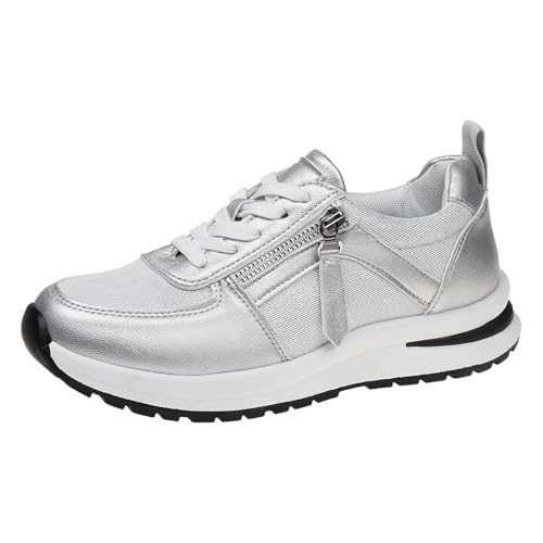 Generisch Reißverschluss Dekoration Schnürschuhe Bequeme Dickbesohlte Freizeitschuhe (Silver, 38) von Generisch