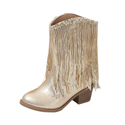 Generisch Reitstiefel Kinder Mädchen Einfarbig Gummistiefel Damen Arbeitsstiefel Mode Gummireitstiefel Western Cowboy Stiefel Casual Quaste Winterstiefel Jungen (Gold, 33.5 Big Kids) von Generisch