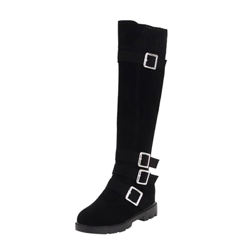 Generisch Retro Solid Gürtelschnalle Dekoration Reißverschluss Dicker Absatz Langarm Knielange Stiefel Schwarz Damen Flach (Black, 38) von Generisch