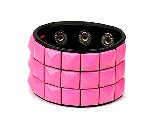 Generisch Retro Steampunk Breites Lederarmband Unisex Drei Reihen Quadratischer Spike Nieten Manschettenarmbänder Breit Verstellbarer Druckknopf Für Männer Frauen Gothic Style Pink von Generisch