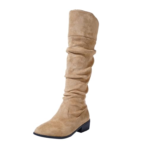 Generisch Retro-Stiefel einfarbigem, plissiertem mit dickem Absatz Rot (Khaki, 41) von Generisch