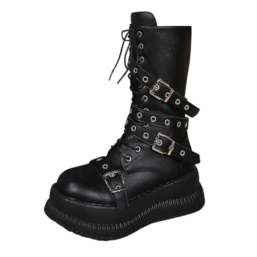 Generisch Retro-Stiefel massivem mit Gürtelschnalle, Dekoration, Reißverschluss, Dicke Sohle, mittellang Herren Arbeitsschuhe (Black, 37) von Generisch