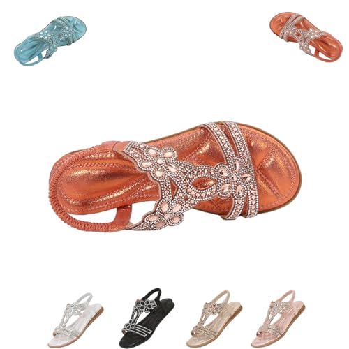 Generisch Rhinestone Sandals for Women 2025 Dressy Casual Summer Flat Casual Dress Sandal Sparkly Beach Wedding Bride Sandals (Orange,38) von Generisch