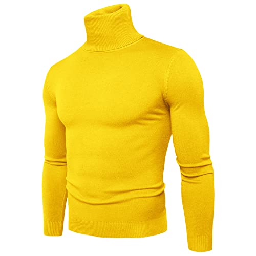 Generisch Rollkragenpullover Herren Basic Slim Fit Strickwaren Pullover Langarm Stretch Feinstrick Dünn Sweatshirt Winterpullover Einfarbig Pulli Hemd (Yellow, L) von Generisch