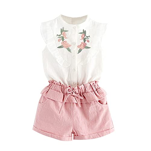 Generisch Rosa Bekleidungssets Für Mädchen 116 Baumwolle 2 Teiler Sommer Outfits Blumenmuster Shorts Und Weste Mit Rüschen Sommerurlaub Mode Casual Kinderkleidung Lässige Kleidung Freizeit Hosenanzug von Generisch