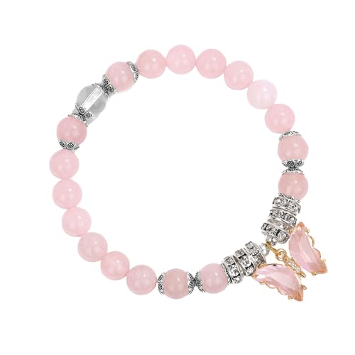 Generisch Rosa Kristall-Schmetterlingsanhänger-Armband, Edelstein-Perlen-Stretcharmbänder, Naturstein-Perlenschmuck für Frauen (Black) von Generisch