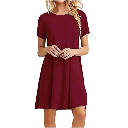 Generisch Rote Kleider,Tshirt Kleid Damen Rundhals Kurzarm Shirtkleid - Rotes Weißes Kleid Leicht Luftig Sommerkleid mit Taschen Einfarbig Casual Knielang Strandkleid Freizeit Lose Minikleid von Generisch