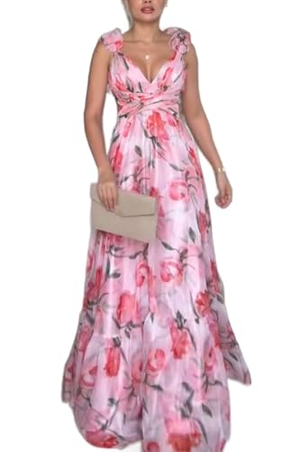Generisch Rückenfreies Ballkleid aus Tüll mit Rüschen und Spaghettiträgern Empire Taille Blumenmuster Maxikleid von Generisch