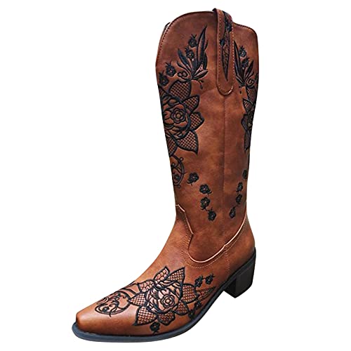 Generisch Runde Slip-On Print Booties Toe Stickerei Heels Blumen Damenschuhe Retro Mittlere Damenstiefel (Brown, 37) von Generisch