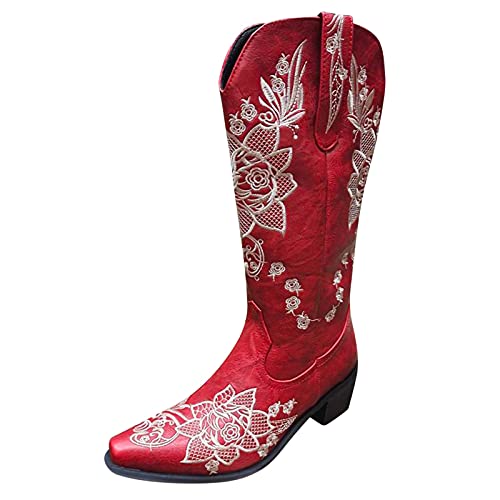 Generisch Runde Slip-On Print Booties Toe Stickerei Heels Blumen Damenschuhe Retro Mittlere Damenstiefel (Red, 37) von Generisch