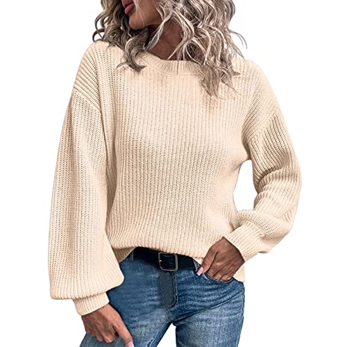 Generisch Rundhals Langarm Pullover Puffärmel Pullover Top Grauer Strickpullover Damen von Generisch