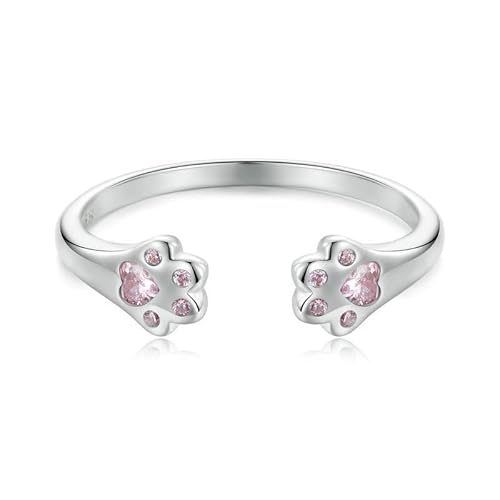 Generisch S925 Reines Silber Galvanisiertes Platin Damen Personalisierter süßer Katzenpfoten-Intarsien-Ring mit rosa Zirkonia von Generisch