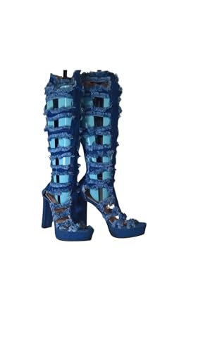 Generisch SHOES GLADIATORS FÜR DAMEN IN DENIM BLUE JEANS GRÖSSE 39 Damen Distressed Denim Gladiator Boots kniehohe Plateau Cut-Out-Design Blau Größe 39 von Generisch
