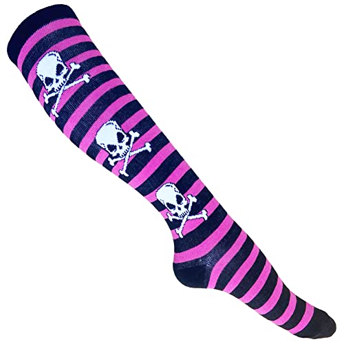 Generisch SKULL TOTENKOPF SOCKEN KNIESTRÜMPFE Schwarz-pink gestreift von Generisch