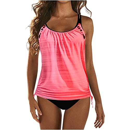 Tankini Damen Bauchweg Push Up Top Oberteil mit Badeshorts Zweiteiler Bademode Große Größen Elegant Strandmode Badeanzüge für Damen Sommer High Waist Tankini Set Rosa XL von Generisch