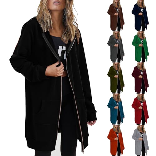 Generisch Sale Bekleidung Damen Kapuzenjacke Reißverschluss Jacket Lang Einfarbig Sweatshirt mit Tasche Kapuze Freizeit Sweatjacke Baggy Bequemer Laufjacke Vintage Hoodie Zip Up Outwear von Generisch