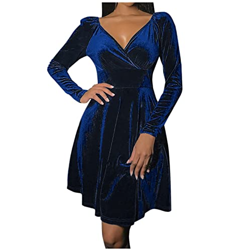 Generisch Samtkleid für Damen, elegant, Abendkleid, langärmelig, V-Ausschnitt, hohe Taille, Partykleid, Winterkleid, blau, Medium von Generisch