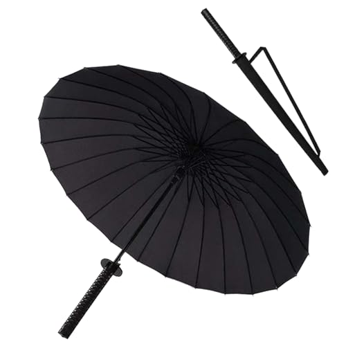 Generisch Samurai-Regenschirm mit langem Griff, Winddichter Regenschirm geradem Messer großer Schwertregenschirm mit Regenschirmhülle, Anime schwarz gerade 24 Rippen Regenschirm, 51.2 in von Generisch