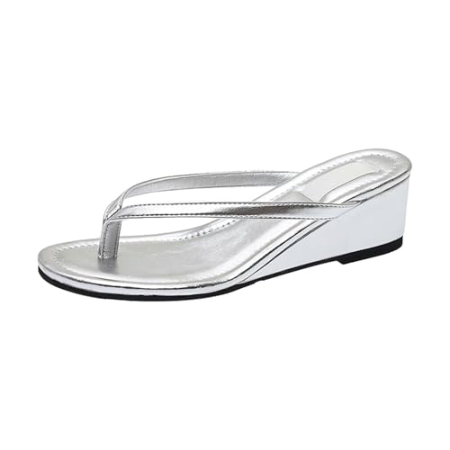 Generisch Sandalen Damen Flach Sandalen Zehenschutz Mädchen Damen Strand Tanga Hausschuhe Hohl Casual Clip Toe Hausschuhe Flache Schuhe Vintage Memory Foam Slip On (Silver,39) von Generisch