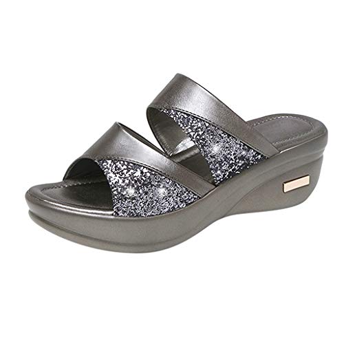 Sandalen Damen Sommer, Pantoletten Damen Sommer Elegante Keilabsatz Hausschuhe Frauen Sommerschuhe Frauen Peeptoe Plateau Pantoletten Mit Fussbett Mit Absatz Outdoor Orthopädische Sandalen Slipper von Generisch