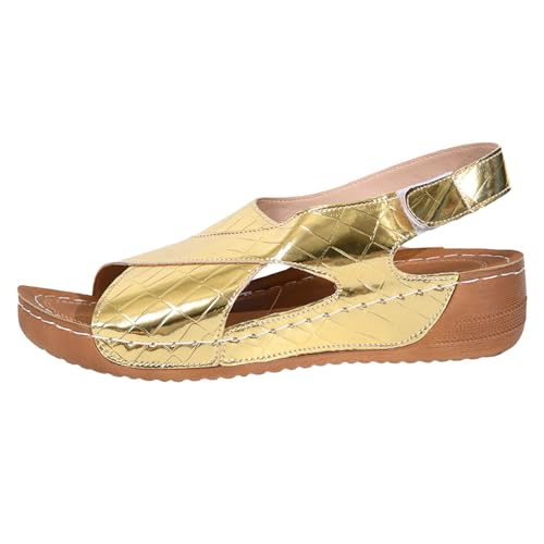 Generisch Sandalen Damen Sommer Bequem Hausschuhe Offene Schuhe Breite Füße Schicke Sommerschuhe Elegant Slingback Barfuss Sandaletten Hanfseil Keilabsatz Bequeme Leichte Damensandalen (Gold-e, 41) von Generisch