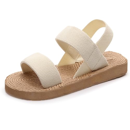 Generisch Sandalen Damen Sommer Bequem Hausschuhe Offene Schuhe Breite Füße Schicke Sommerschuhe Elegant Slingback Barfuss Sandaletten Hanfseil Keilabsatz Damensandalen (A-White, 41) von Generisch