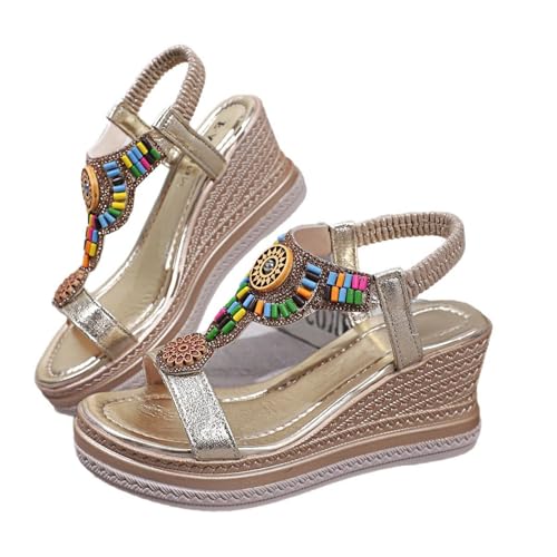 Generisch Sandalen Damen Sommer Elegant, Sommer Sandalen Mit Keilabsatz Bohemian Dicke Sohle Römersandalen Orthopädische Arch Support Lässige Sandalen Slip-On Ethno Strandsandalen Bequem Keilsandalen von Generisch