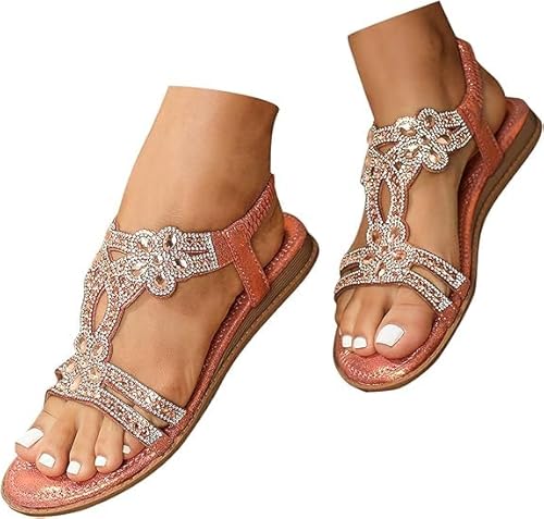 Sandalen Damen Sommer Elegant Boho Flache Sandalen mit Strass Glitzer T-Riemen Sommerschuhe Flip Flops Weichen Sohlen Bequem Sandaletten Freizeit Gummiband Slingback Strandsandalen 35-46EU von Generisch