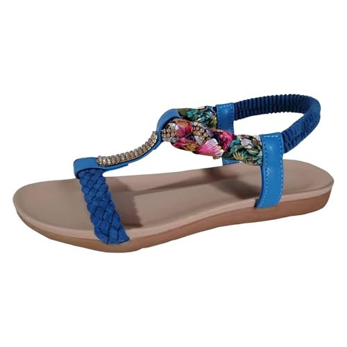Generisch Sandalen Damen Sommer Flache Bequeme Bohemian Barfußschuhe Frauen Offen Elegant Leicht Freizeit Strand Rutschfest Slipper Leder Breite Füße mit Elastischen Schnalle (Blue, 42) von Generisch