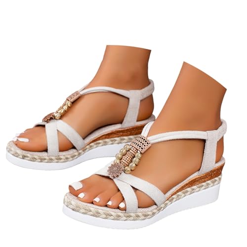 Generisch Sandalen Damen Sommer Flache Sandalette Bohemia Sandals mit Strass Perlen Freizeit Strand Schuhe Orthopädische Sandalen Casual Ankle Elastic Flip Flops Geflochtene von Generisch